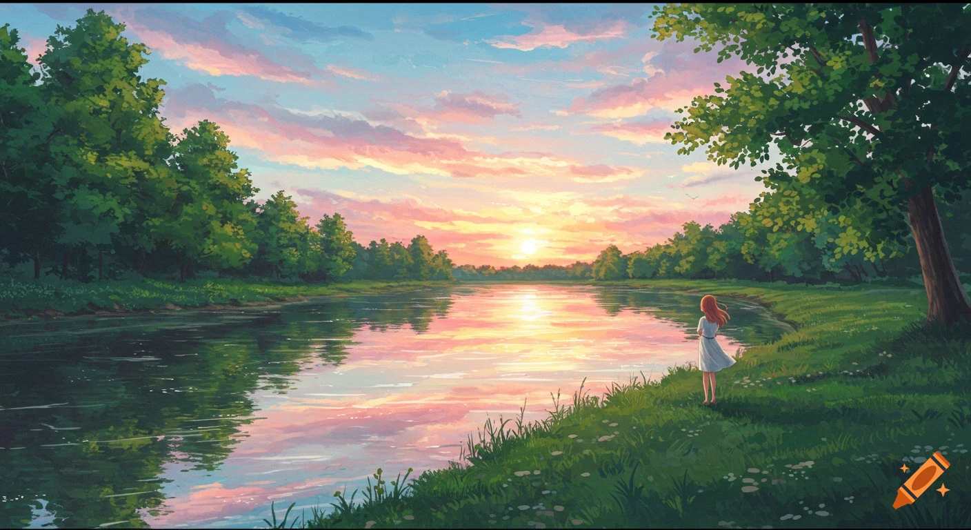 A woman stands by a river watching the sunset over trees in a painterly style.