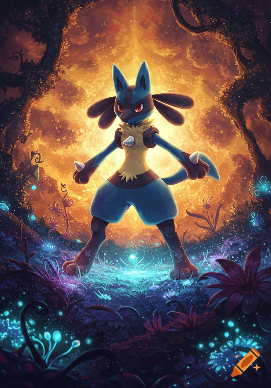 Lucario in a glowing fantasy forest.