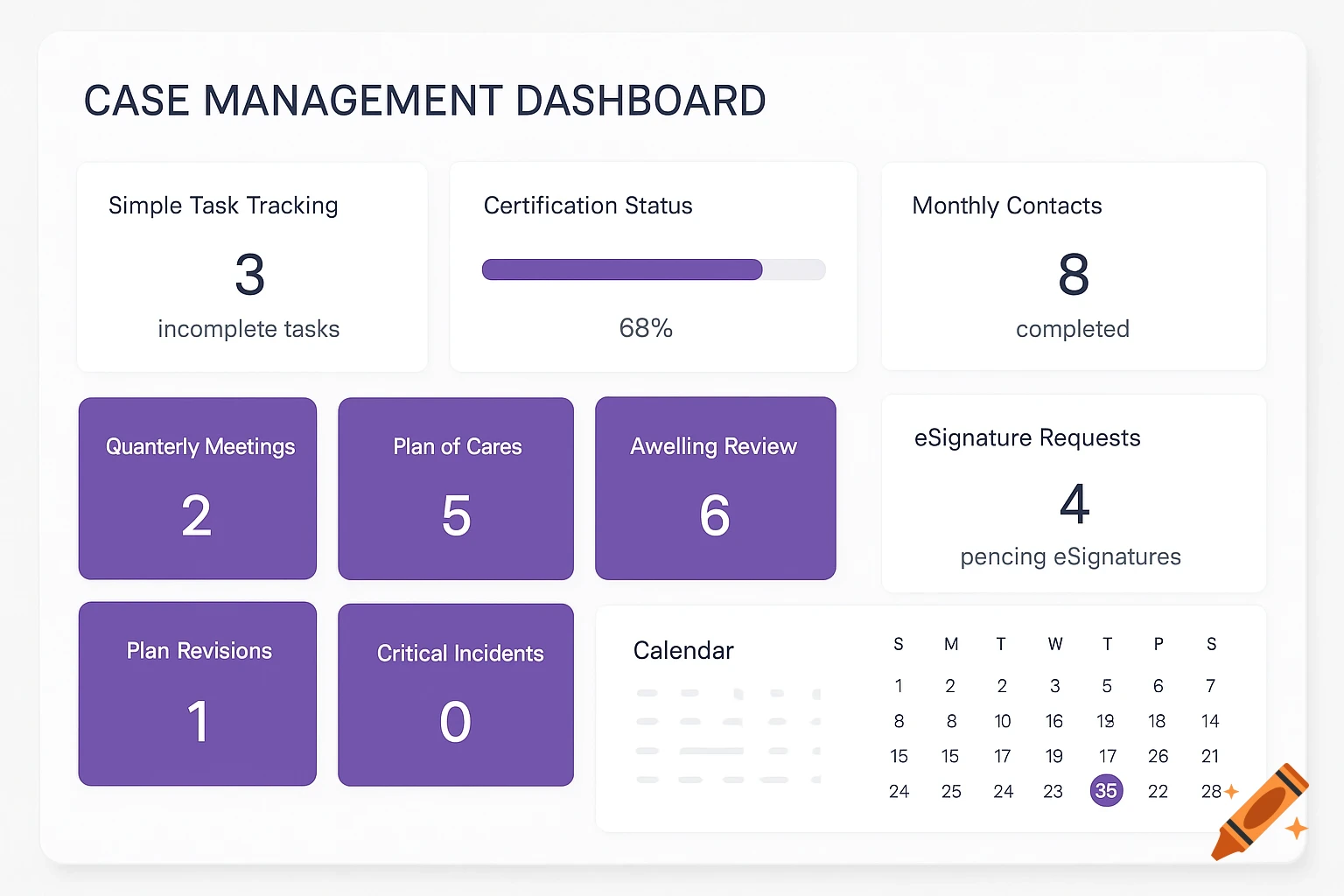 A modern white and purple case management dashboard UI with metrics and a calendar.