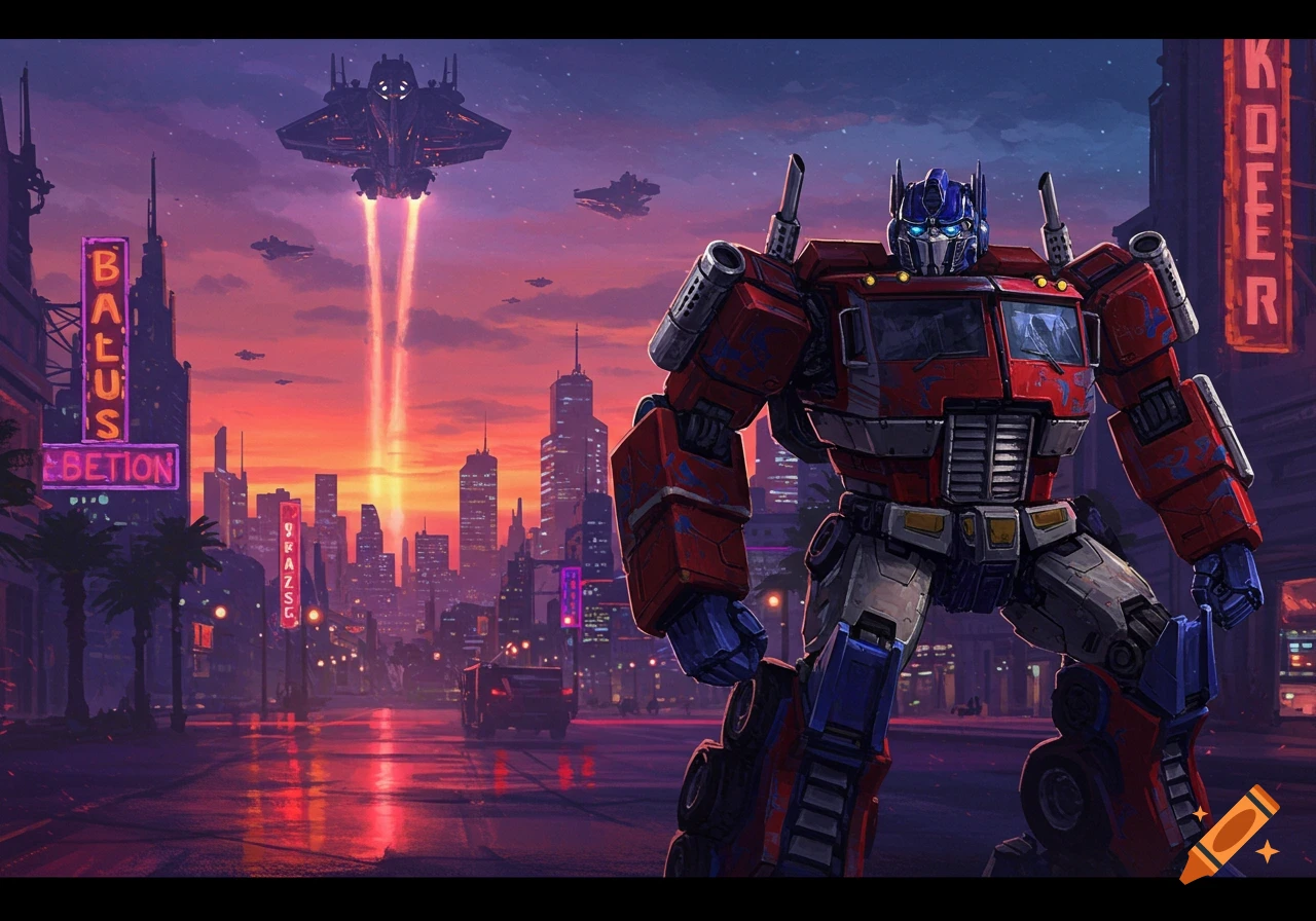 Optimus Prime stands in a futuristic city street at sunset with spaceships overhead.