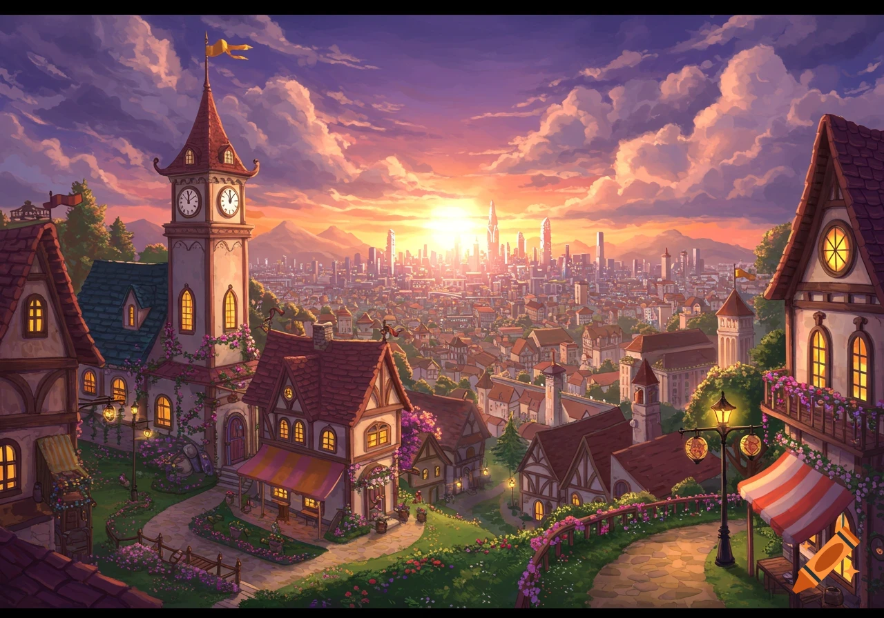A fantasy town with a clock tower overlooks a futuristic city at sunset.