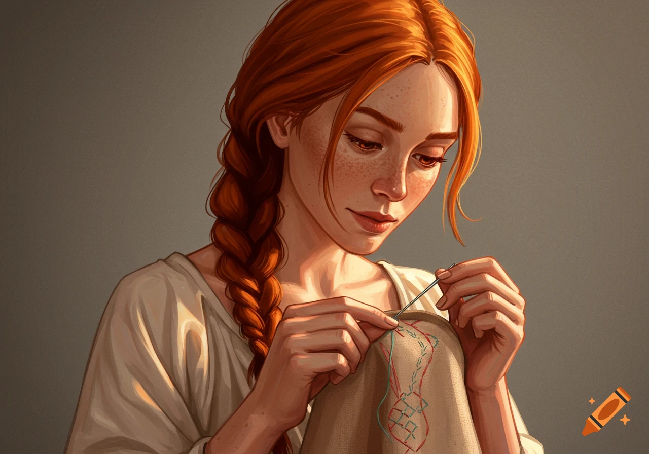 Image of a red-haired woman with a braid sewing.