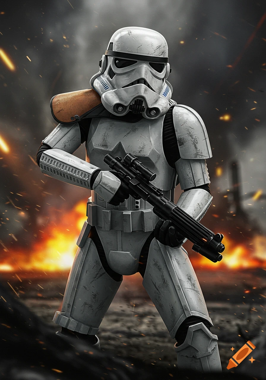 A Stormtrooper holding a rifle in a battle scene with explosions and sparks