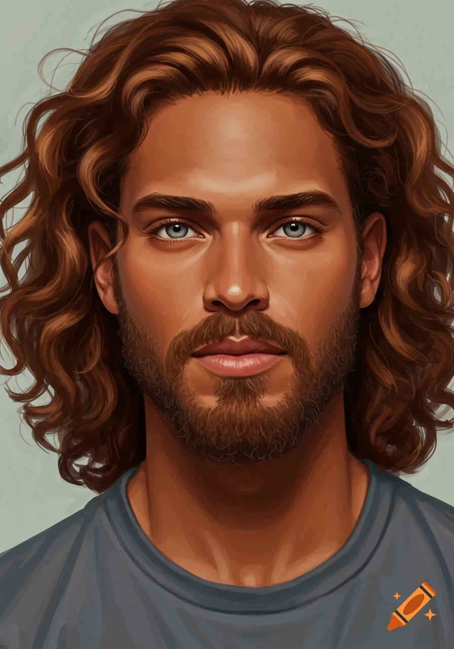 A man with curly brown hair, a beard, and grey eyes.