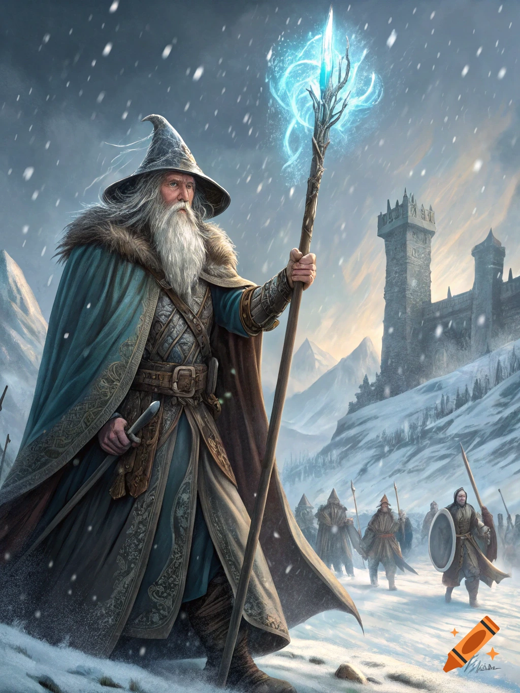 A bearded wizard holding a glowing staff stands in a snowy landscape with a castle and soldiers.