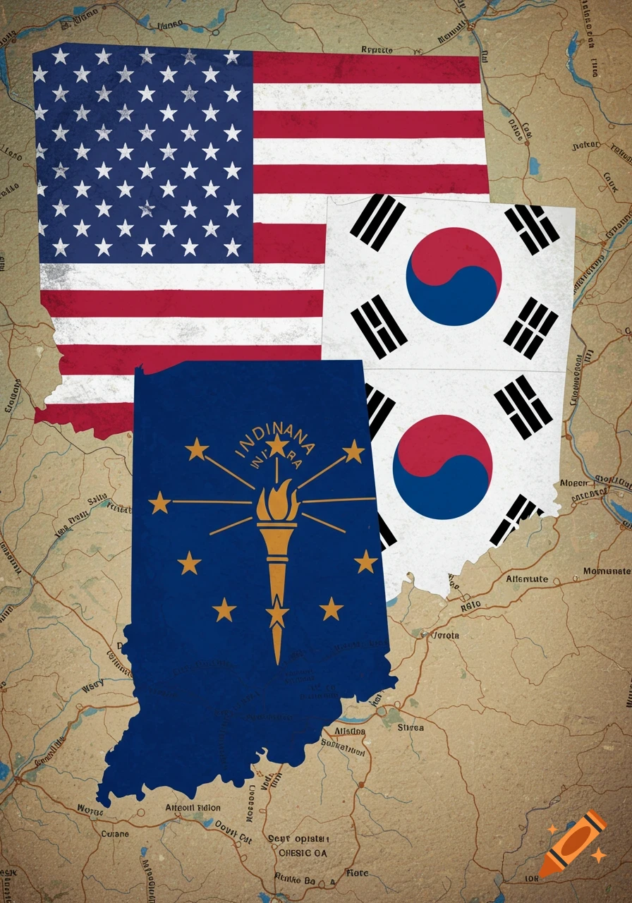 US, South Korean flags overlap Indiana state shape with symbol on map background.