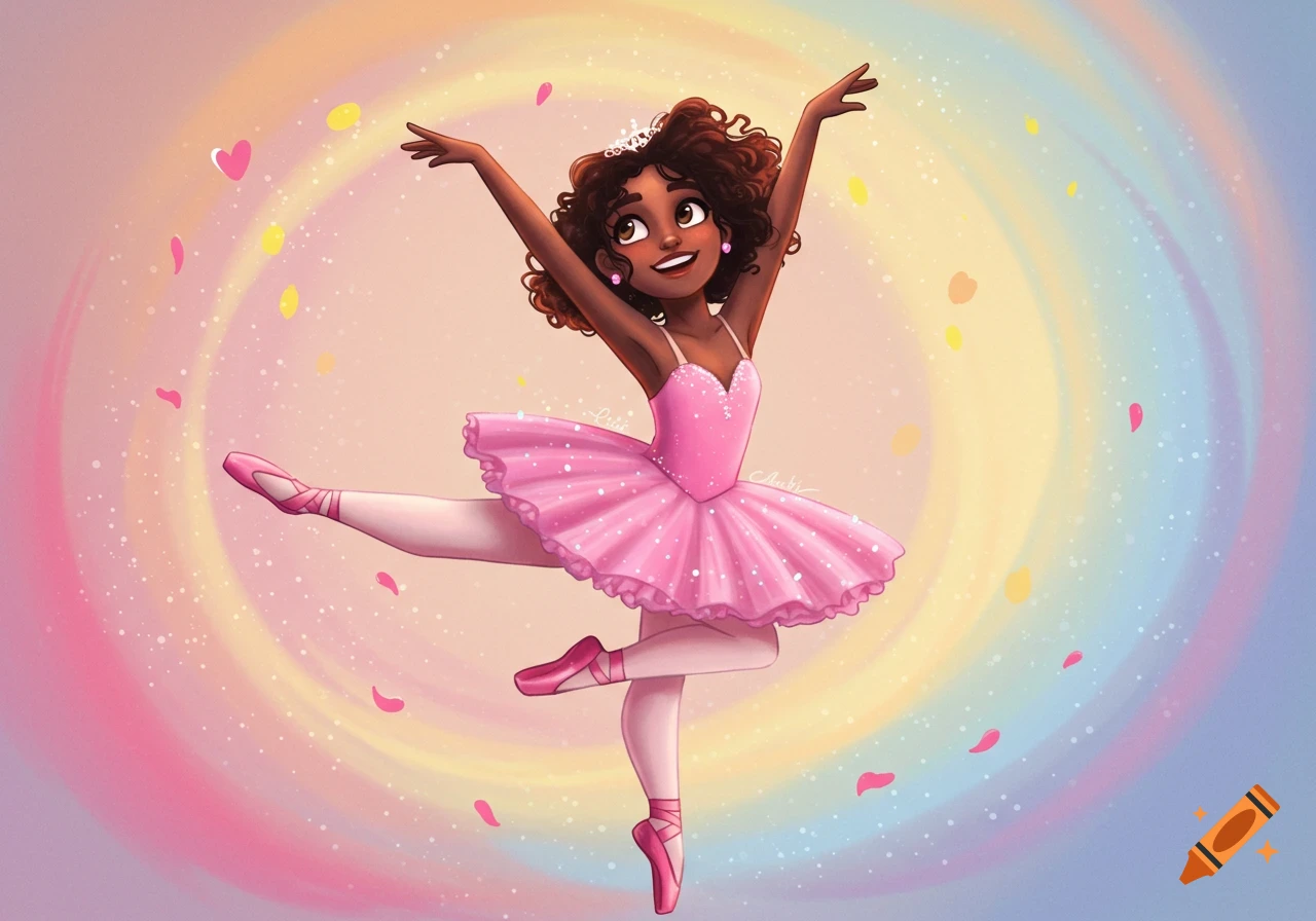 A young girl in a pink tutu and pointe shoes dances gracefully against a pastel swirl background with falling petals.