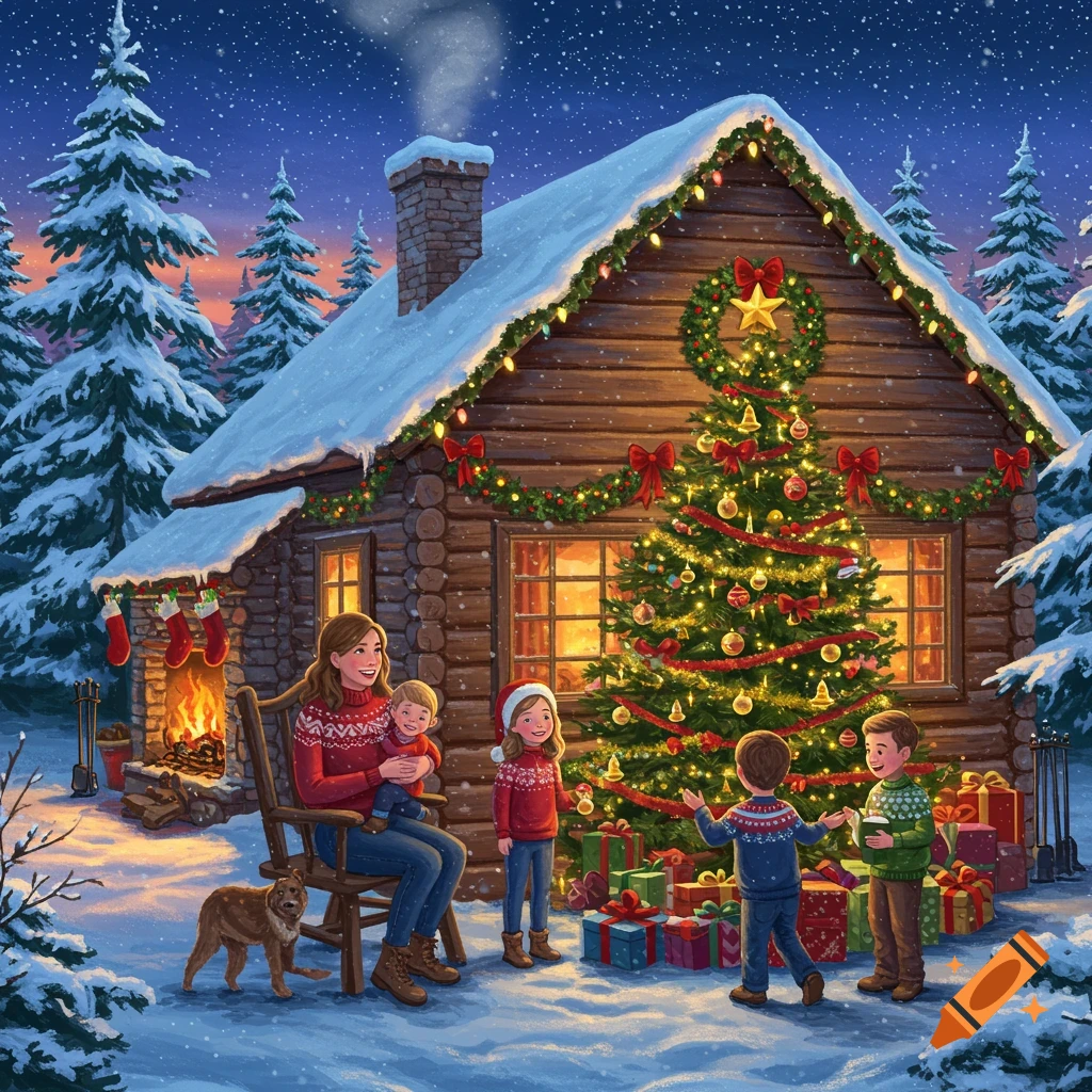 A family is gathered around a Christmas tree outside a decorated snowy cabin.