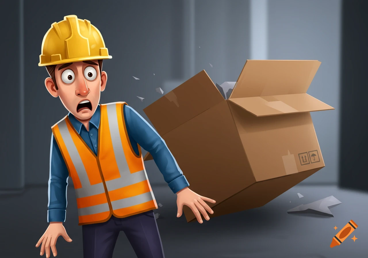 A startled cartoon worker in a hard hat and safety vest looks back at a fallen cardboard box.