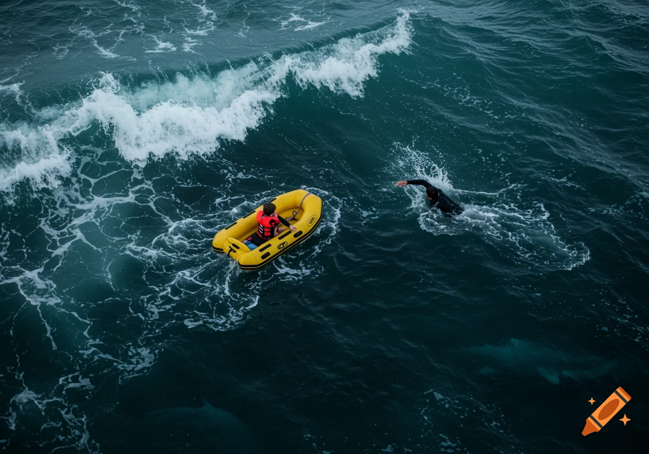 Aerial view of a person in a yellow raft and a swimmer in dark, stormy ocean water with large waves.