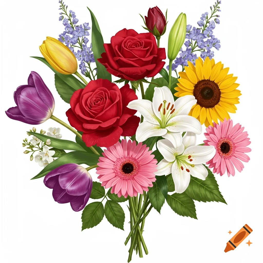 A vibrant bouquet of red roses, white lilies, pink gerberas, yellow tulips, and a sunflower.