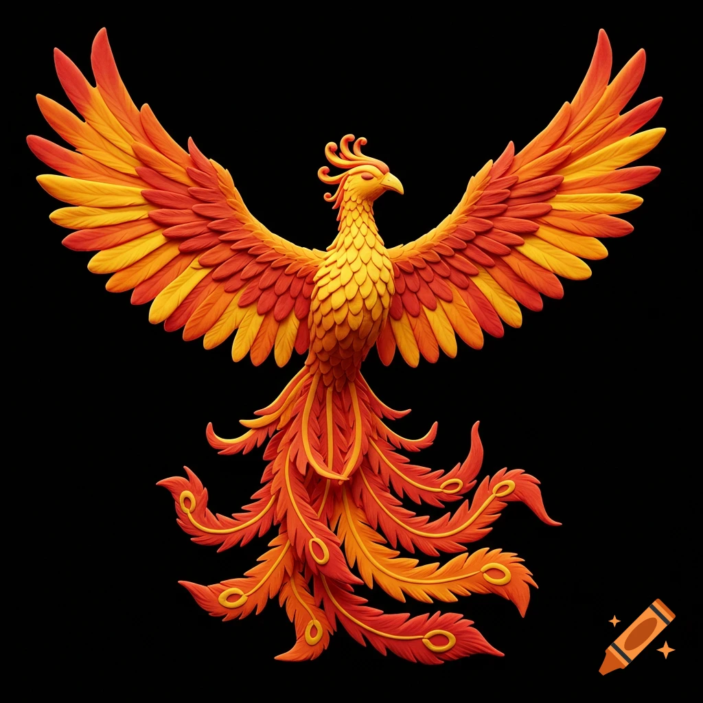 A vibrant orange and yellow plasticine phoenix with wings spread on a black background.