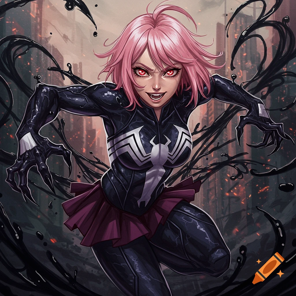 Illustration of a pink-haired character in a Venom symbiote suit and skirt, with symbiote tendrils.