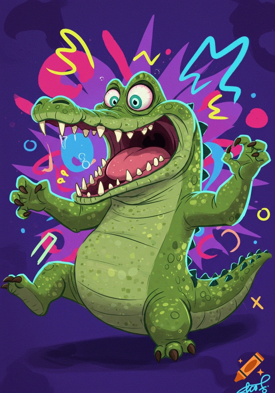 Cartoon green crocodile with wide eyes and mouth open, arms raised, in a colourful abstract background. Digital illustration.