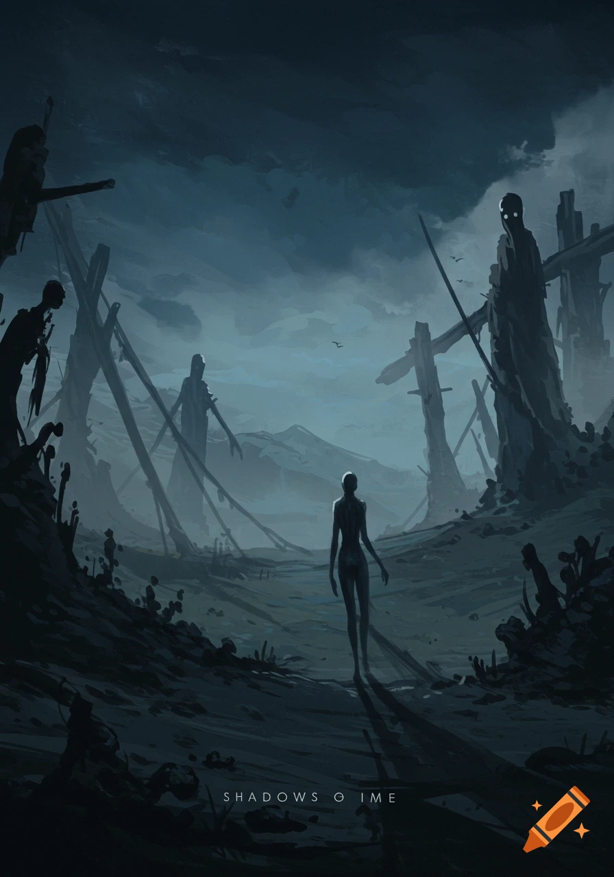 Dark image of a desolate landscape with shadowy figures and a lone figure walking away.