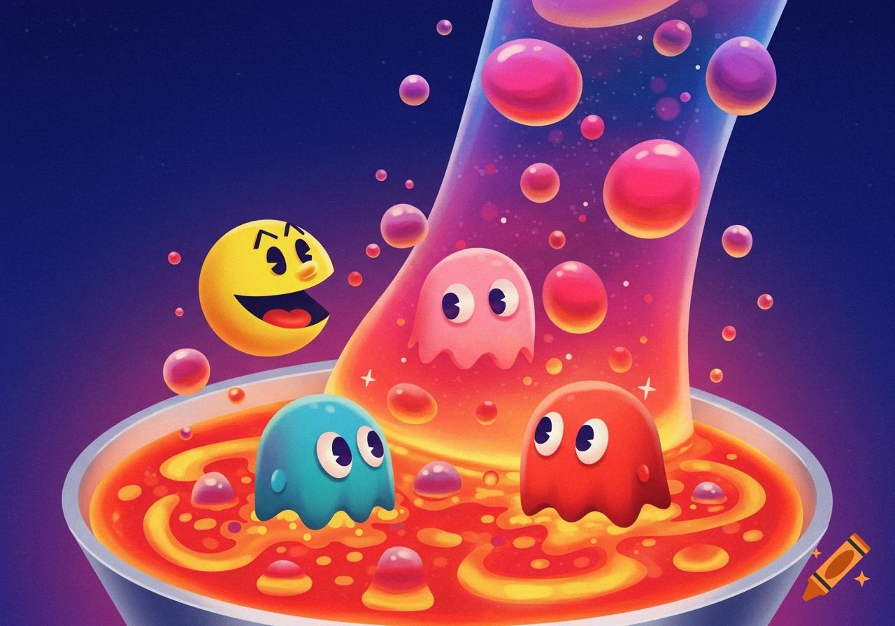 Pac-Man and three ghosts floating in the colorful liquid of a lava lamp.