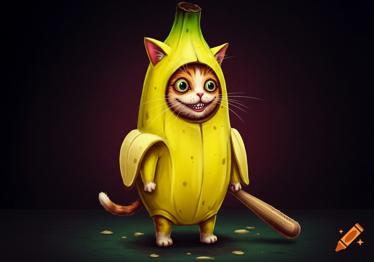A cartoon cat wearing a banana costume holds a baseball bat.