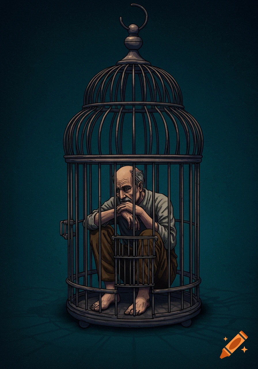 A man sitting alone inside a large bird cage.