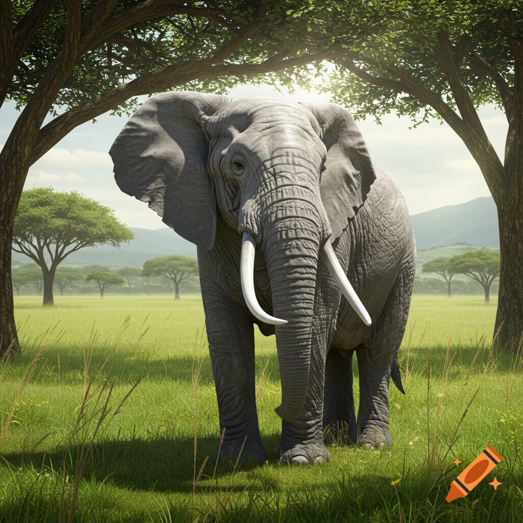 A large elephant stands in a grassy savanna under trees.
