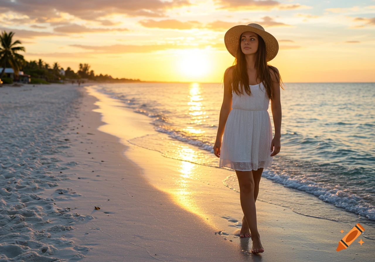 A woman in a white dress and straw hat walks on a beach at sunset.