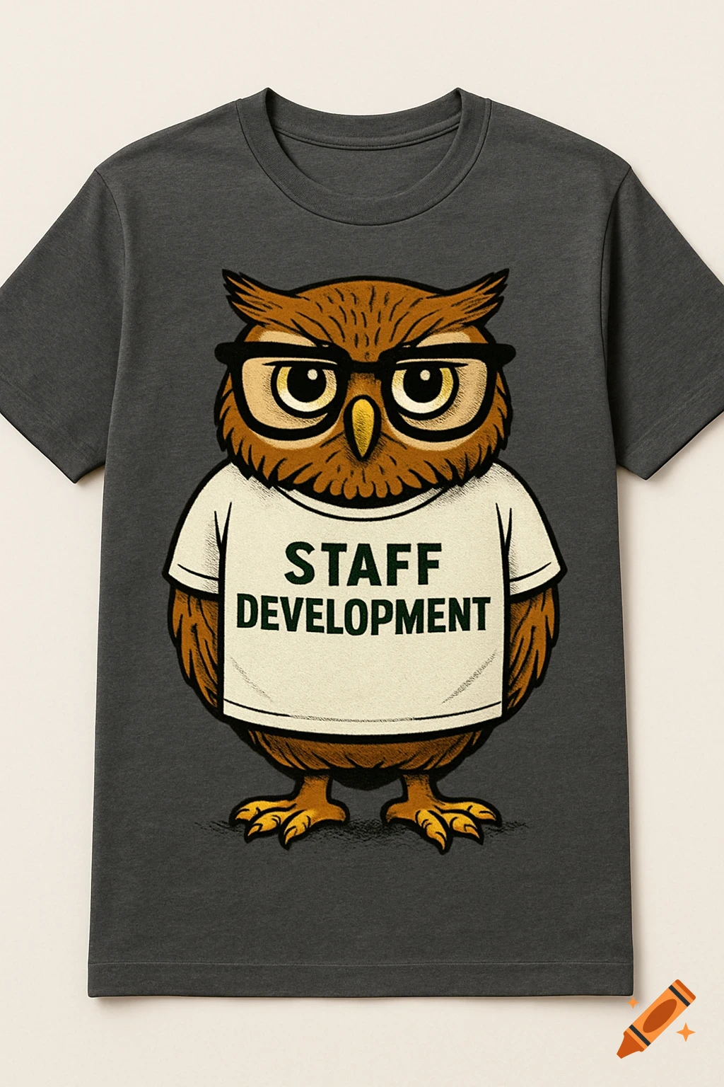 Cartoon owl wearing glasses and a shirt that says STAFF DEVELOPMENT