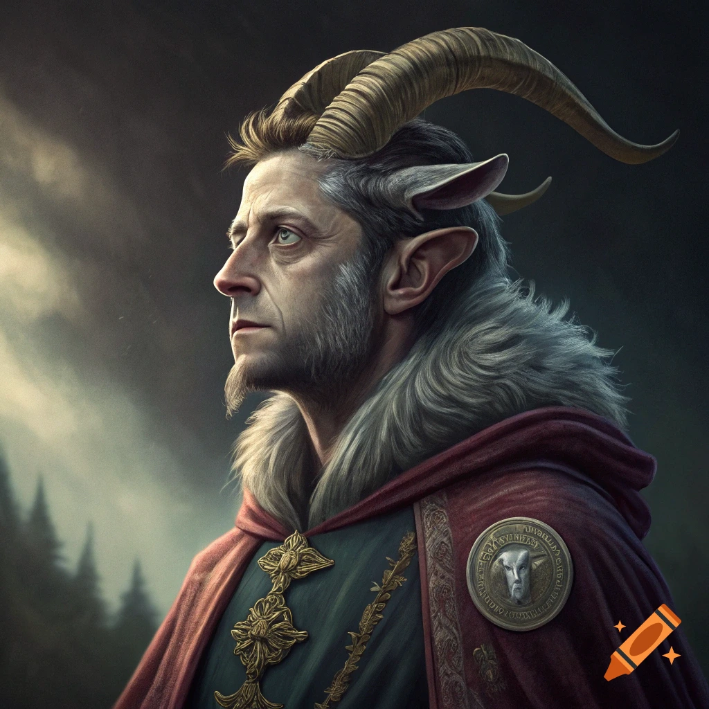 Realistic fantasy portrait of a man with goat horns, ears, and fur, wearing a red cloak and ornate tunic.
