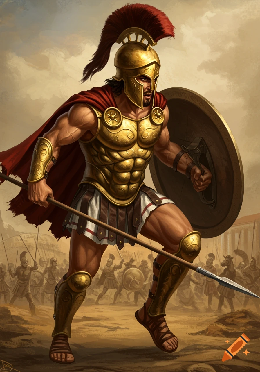 a muscular ancient warrior in gold armor charging with spear and shield in a battle.