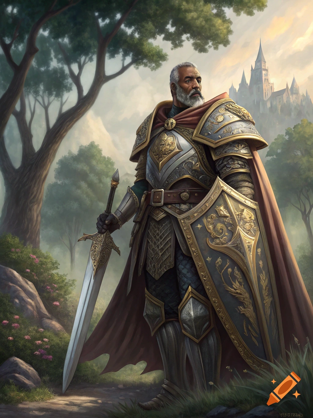 A paladin in detailed armor stands with a sword and shield in a forest, a castle visible in the distance. Realistic fantasy art.