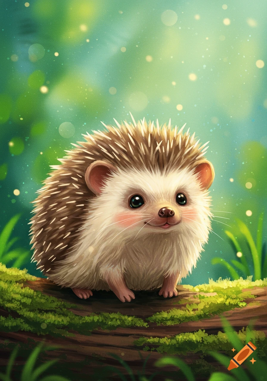 A cute hedgehog sits on a mossy log in a forest.