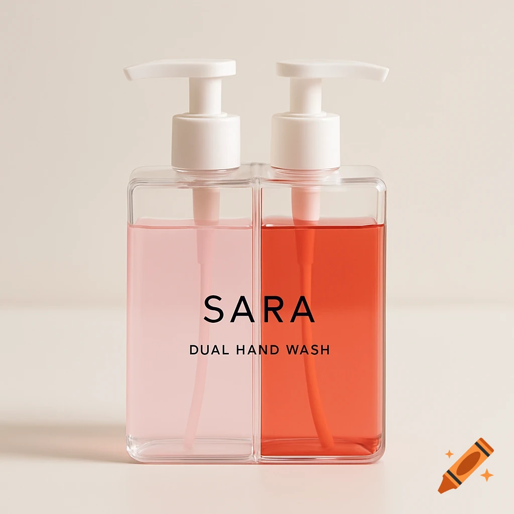 A clear rectangular bottle is divided vertically into two chambers, one holding pink and the other red liquid hand wash. It has dual white pumps on top and the label reads 'SARA DUAL HAND WASH'.