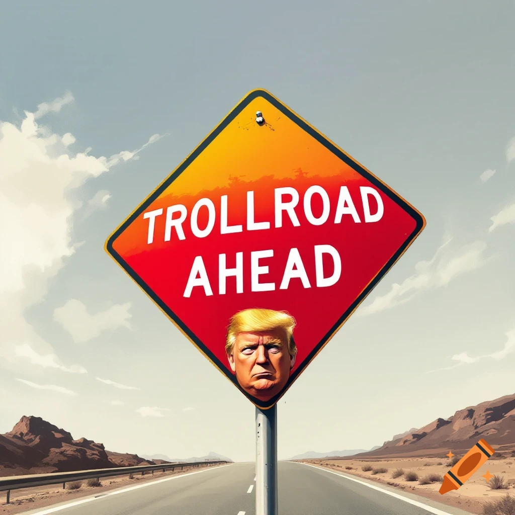 A road sign reading 'TROLLROAD AHEAD' with a head resembling Donald Trump below, on a desert highway.