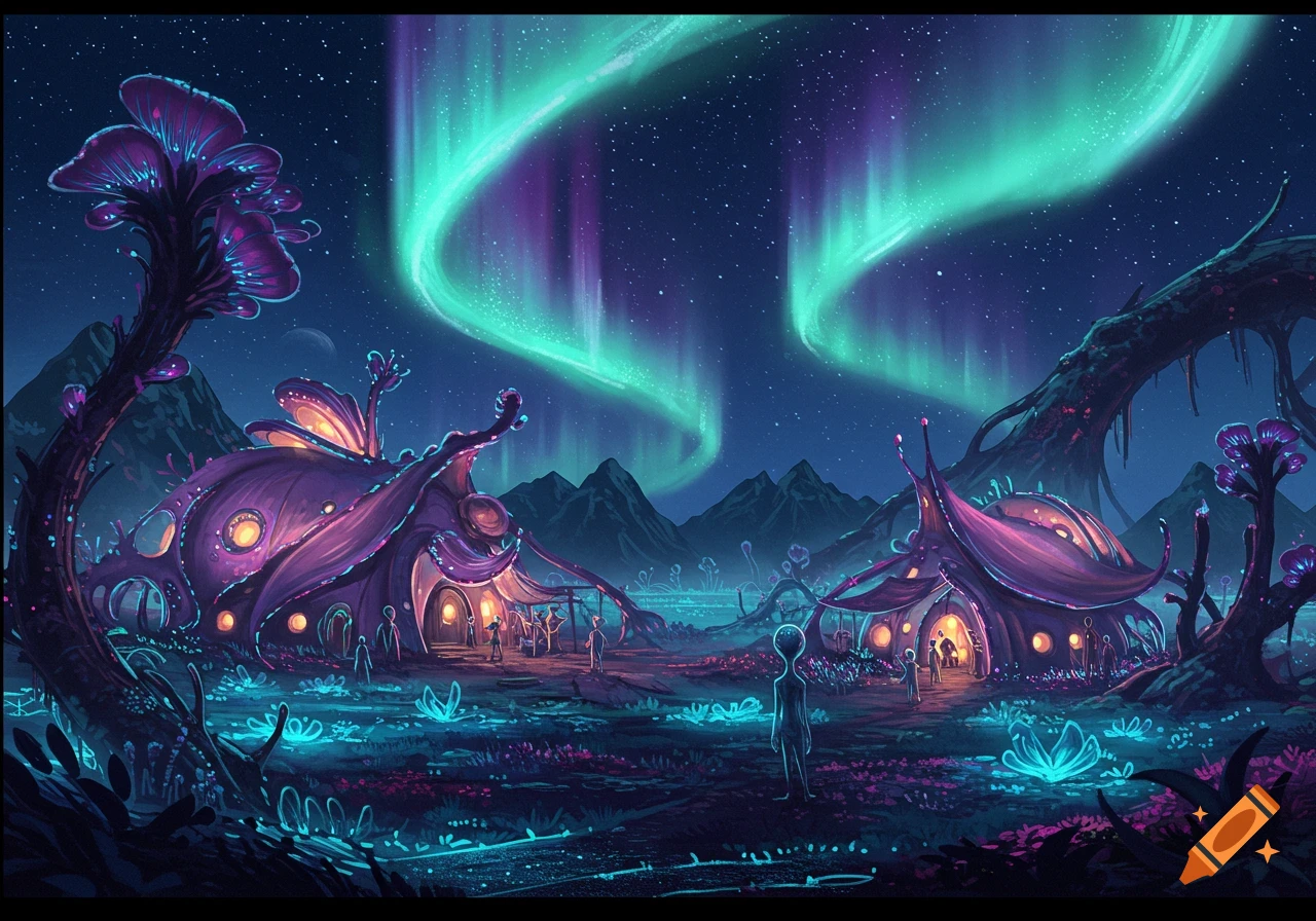 An alien village at night with strange buildings, small aliens, and a bright aurora in the sky.