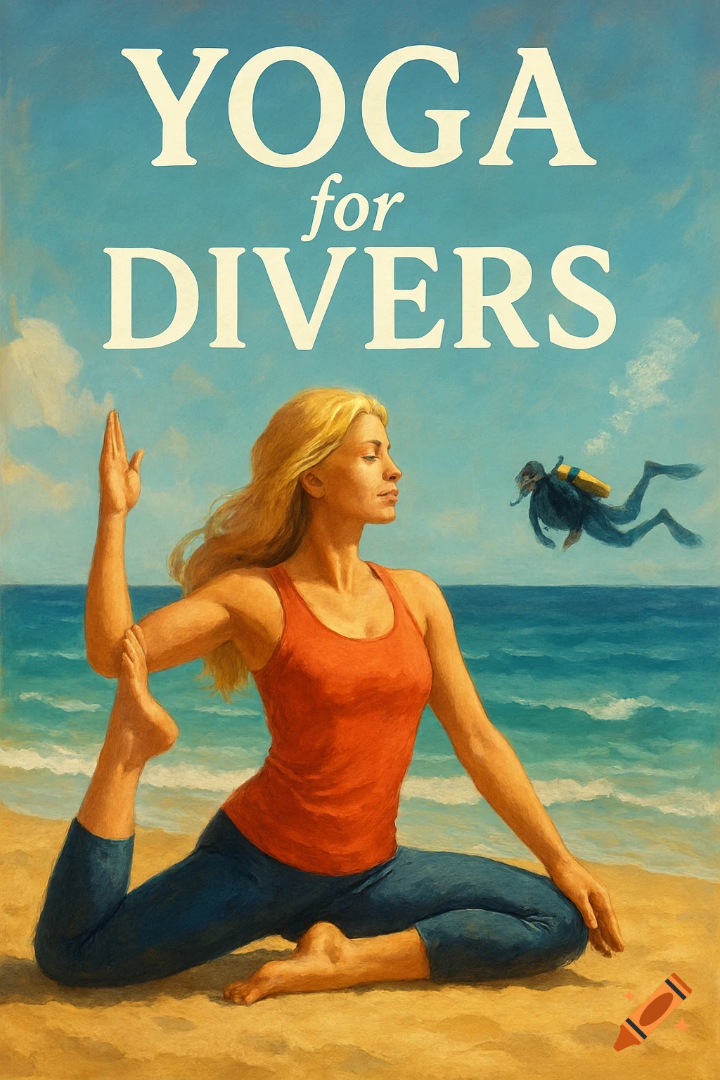 Blonde woman does yoga on a beach with a diver in the sea. Text reads "YOGA for DIVERS".