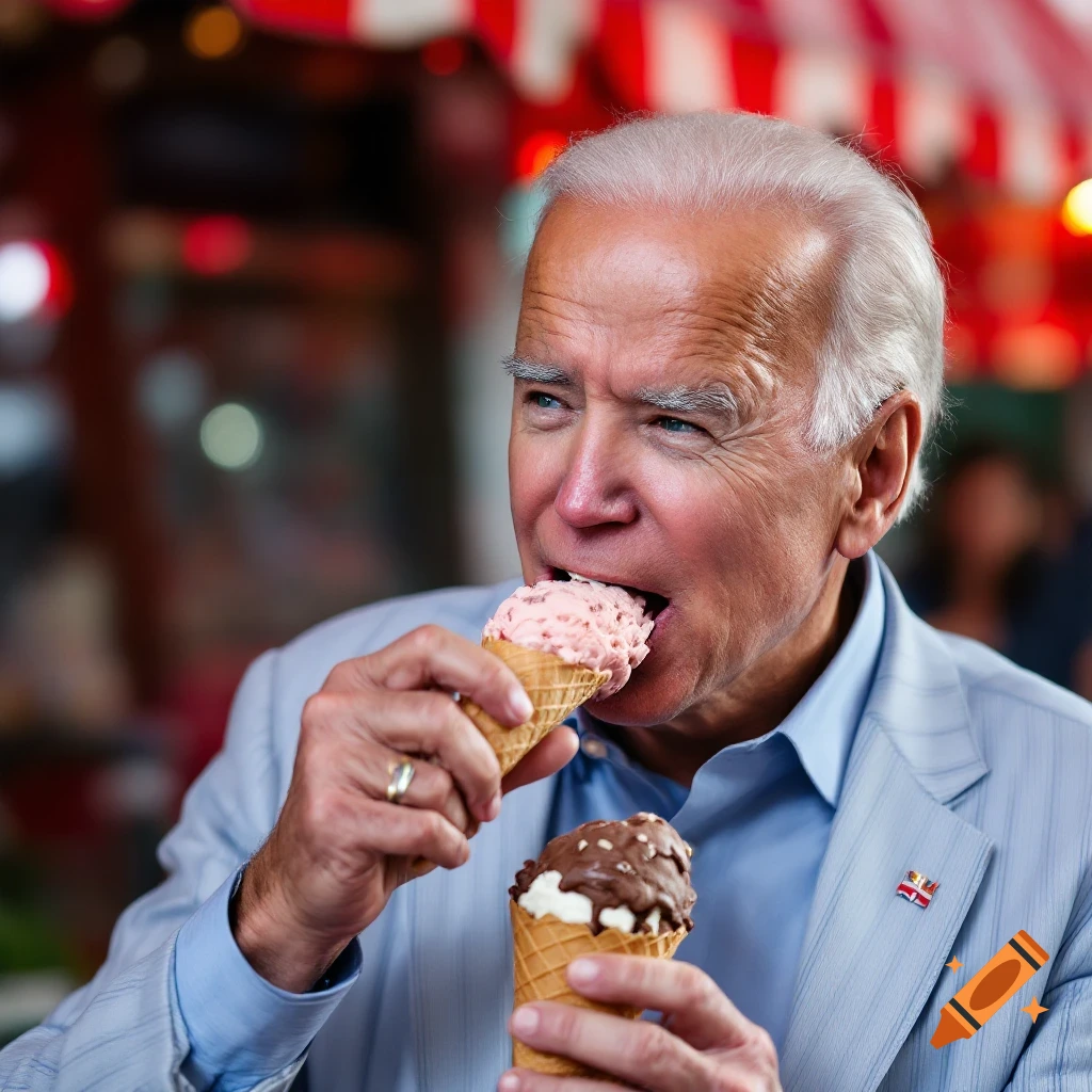 Joe Biden eats a strawberry ice cream cone while holding another cone.