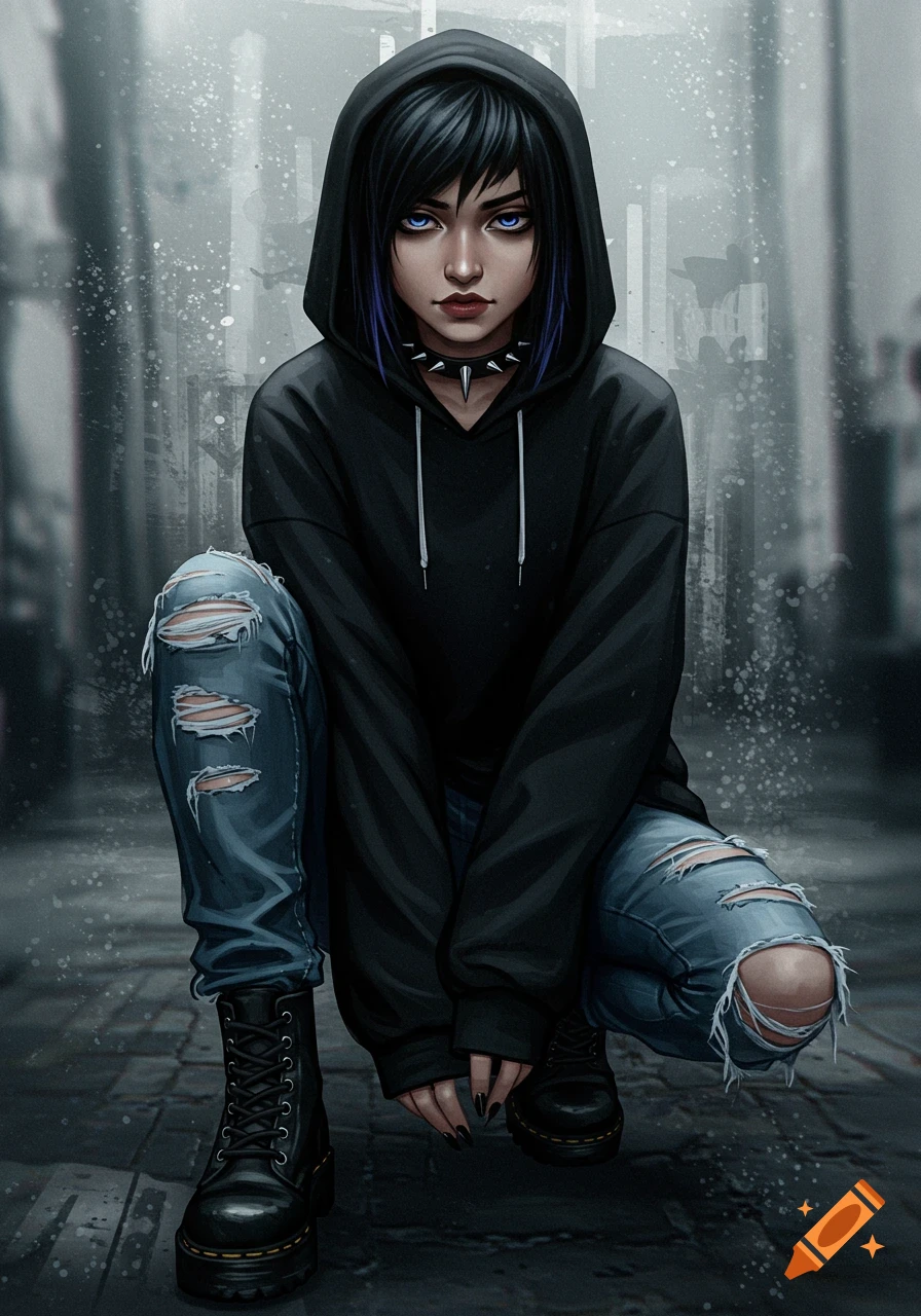 A woman in a black hoodie and ripped jeans is crouching.