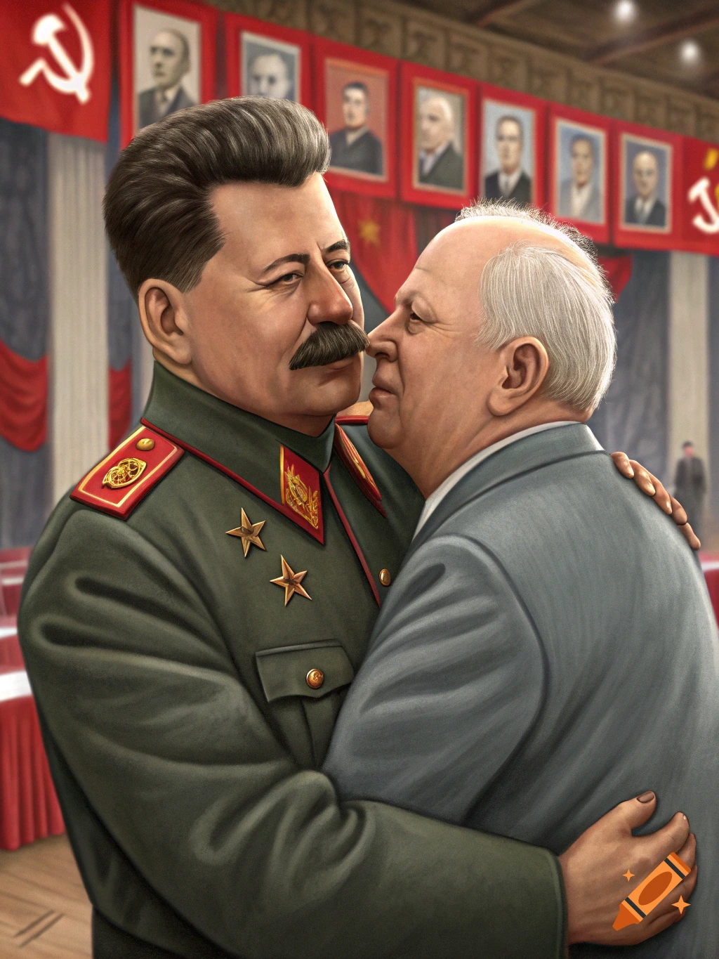 Joseph Stalin and Nikita Khrushchev embrace and kiss in a formal setting with Soviet banners and portraits.