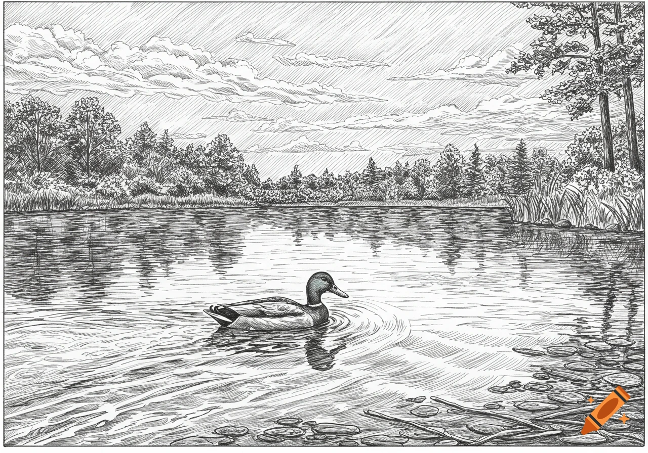 Line drawing of a mallard duck on a lake with trees and clouds.