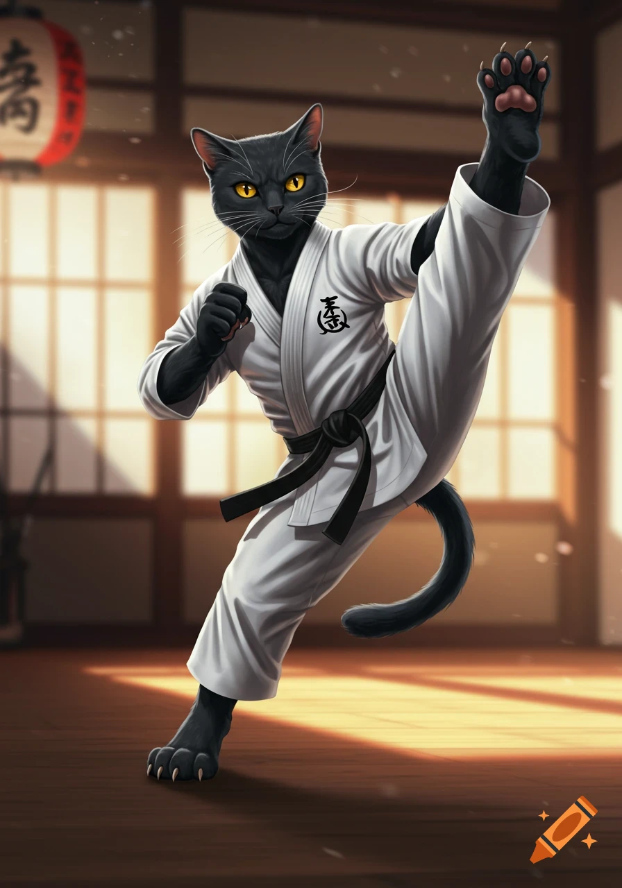 A black cat in a white gi doing a high kick in a dojo.