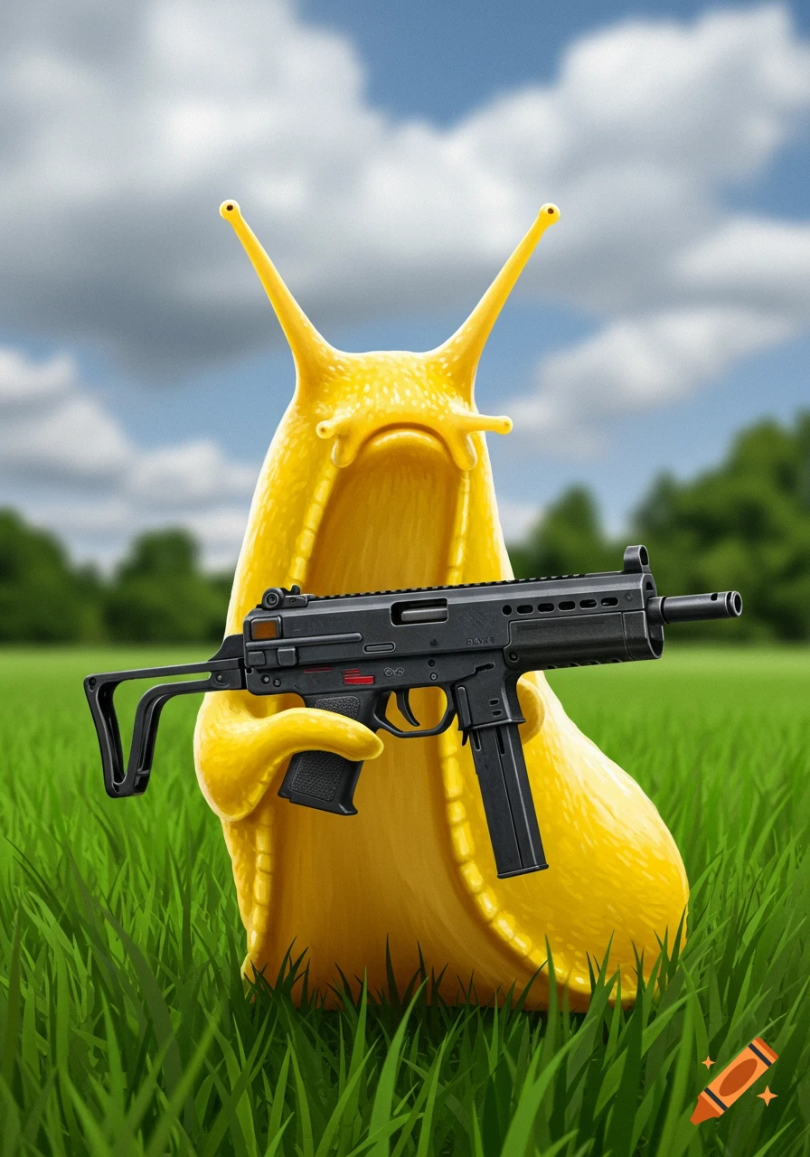 A yellow slug stands in a grassy field holding a submachine gun.