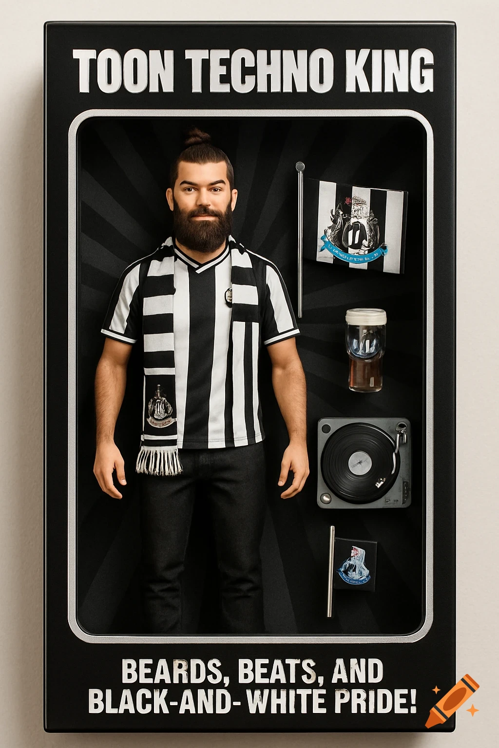 An action figure box for 'Toon Techno King' featuring a man doll with beard, bun, Newcastle jersey & scarf, plus record player, pint, flags.