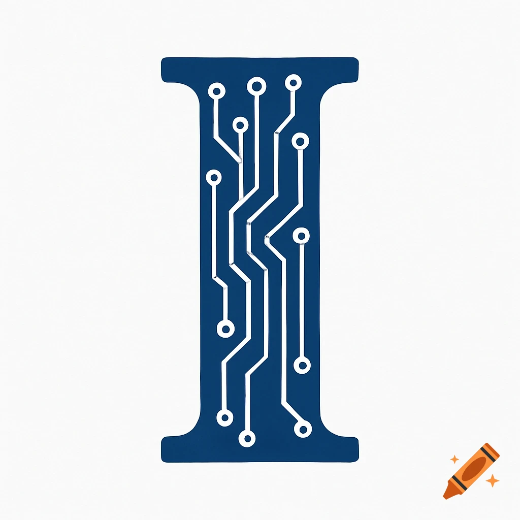 Capital letter I filled with circuit board patterns on a white background.