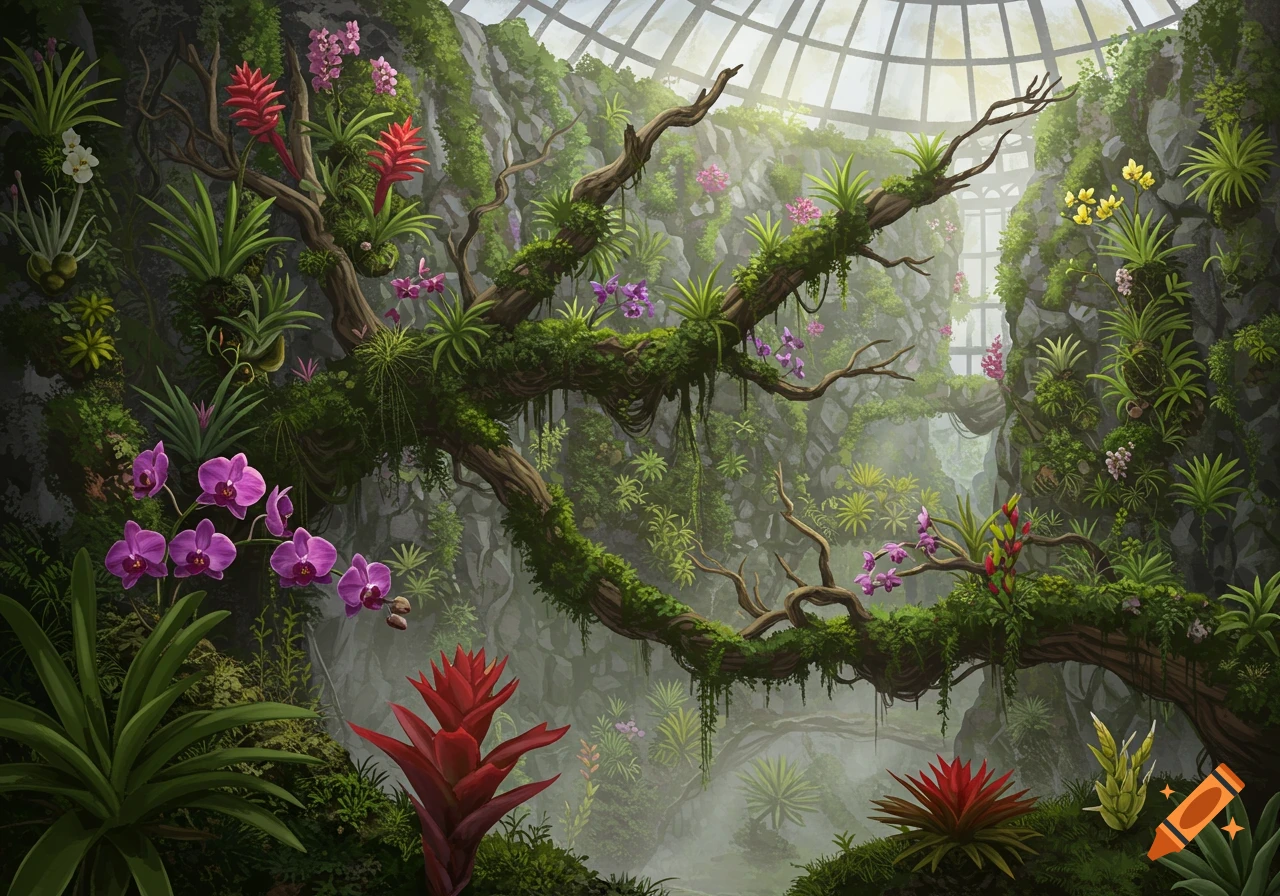 A lush montane conservatory with various colorful orchids and bromeliads growing on rocky walls and tree branches.