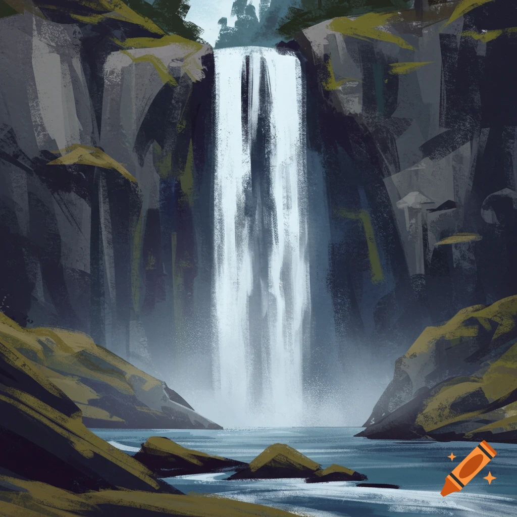 A waterfall cascading down dark cliffs into a river.