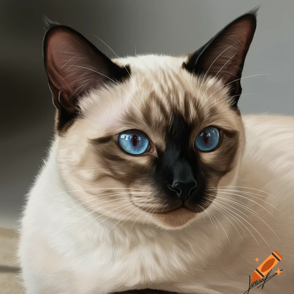 A close-up hyperrealistic image of a Siamese cat with bright blue eyes.