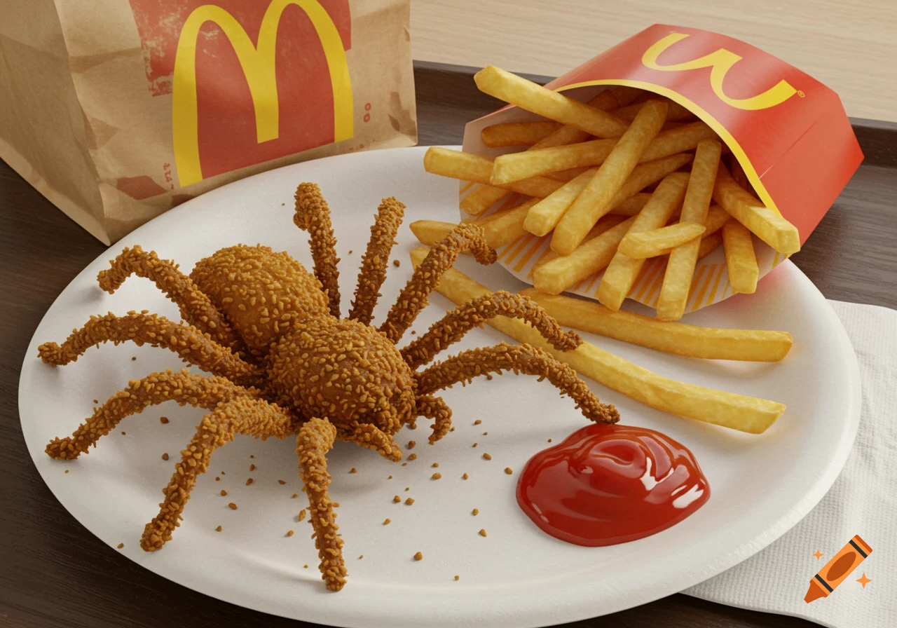 A deep-fried spider on a plate with McDonald's fries and ketchup. McDonald's bag and fry container visible.