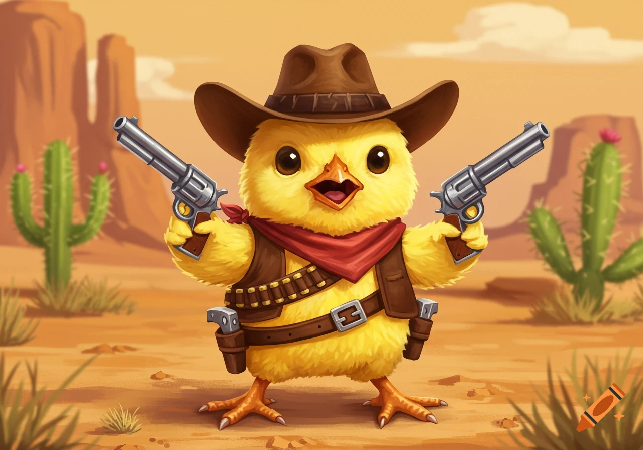 Cartoon baby chick dressed as a cowboy holding two revolvers in a desert landscape.