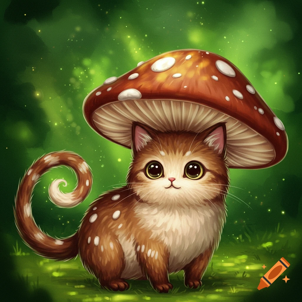 A cute cartoon kitten sits on the ground wearing a large spotted mushroom cap as a hat.