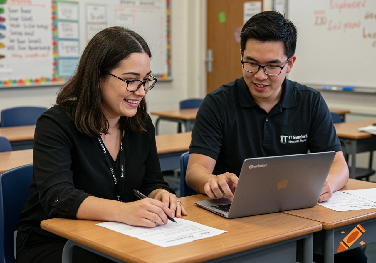 An IT support person helps a teacher work on a laptop in a classroom setting. They are both smiling and looking at the screen.