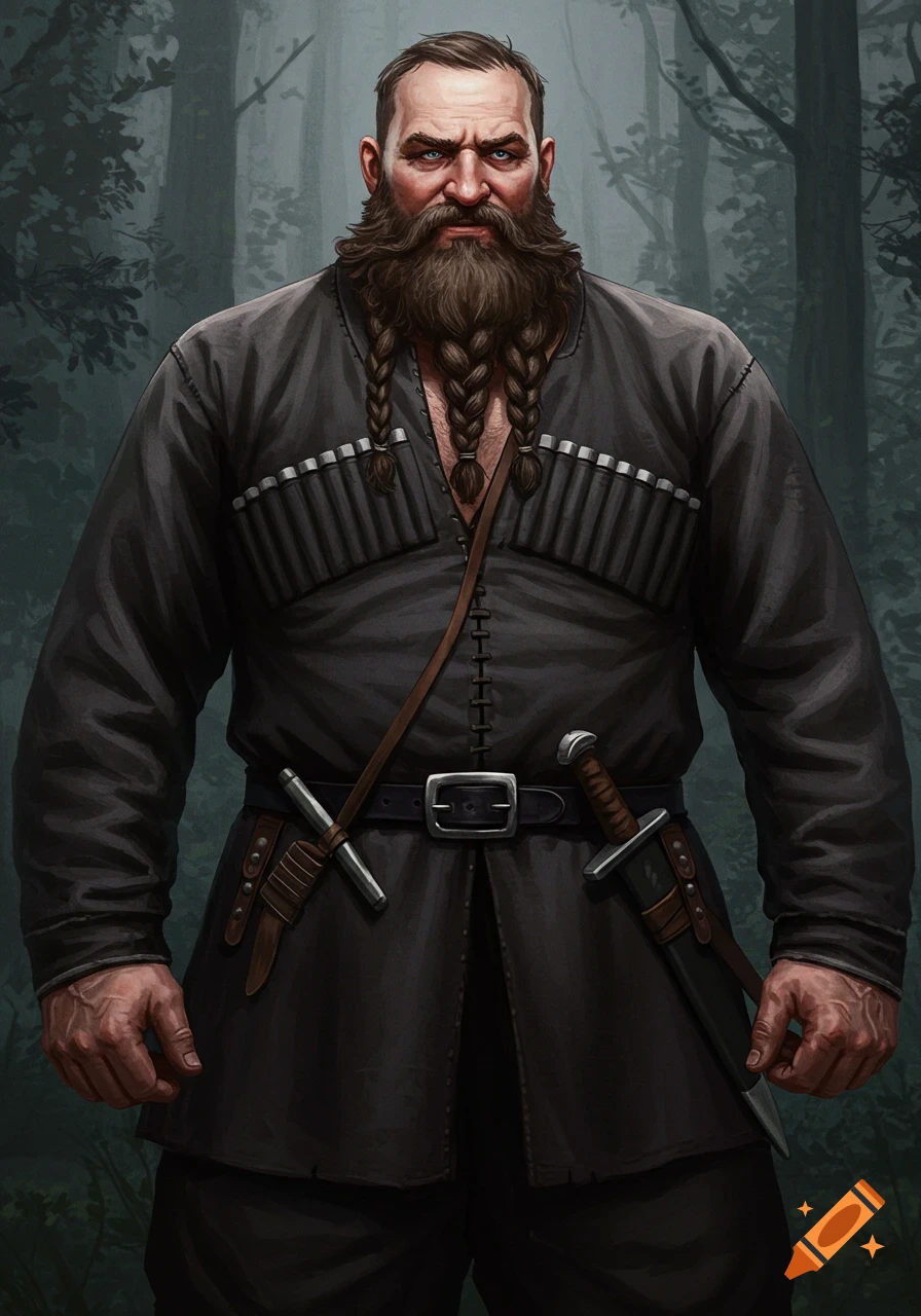 A large Cossack man with braided beard and traditional clothing, standing in a forest.