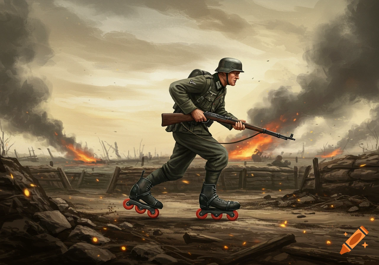 World War 2 German soldier on rollerblades running through a battlefield.